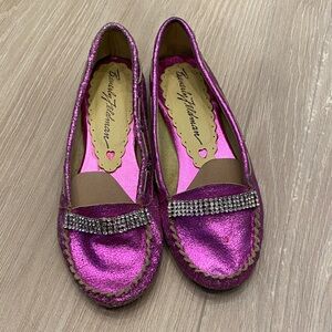 Beverly Feldman Pink Loafers with Rhinestone Detail